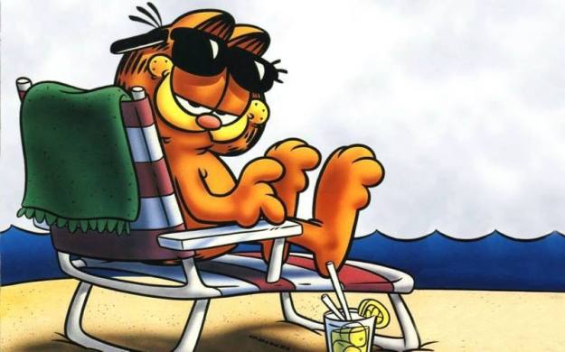 Illustratie met Garfield relaxt queer aan zee