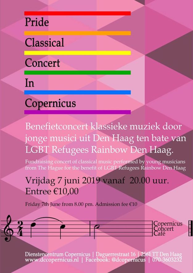 Flyer with pink background and text Pride Benefit Concert for LGBT Refugees Den Haag 7 June 2019