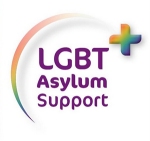 Paarse letters LGBT Asylum Support tegen witte achtergrond en een regenboog