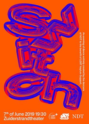 Poster met het woord Switch buitelend van boven naar beneden in paarse letters tegen een oranje achtergrond.