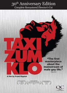 Filmposter met de tekst Taxi zum Klo in rode letters tegen een grijze achtergrond. Twee mannen hebben hun hoofde dicht bij elkaar.