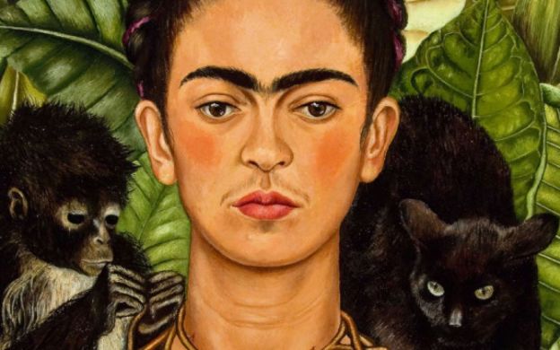 Schilderij van Frida Kahlo, met Frida Kahlo. Zelfportret met zwart aapje en zwarte kat.