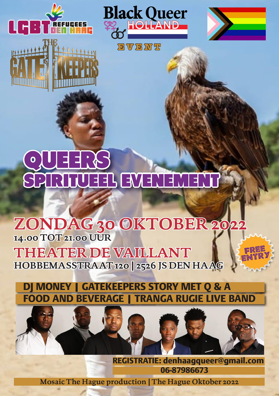 Flyer voor het Queer Spiritueel evenement in De Vaillant Den Haag. Een zwarte man in het wit gekleed houdt een roofvogel op zijn linkerhand. Met logo's van Rainbow Den Haag, Black Queer Holland en de LGBT Refugees Den Haag. Voor deze bijeenkomst is aanmelden verplicht. Het telefoonnummer hiervoor is 06 87986673.