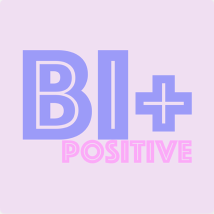 Logo van de Bi+ Positive Podcast met het woord Bi+ in paarse letters, het woord 'positive' in knalroze, samen tegen een oudroze achtergrond.
