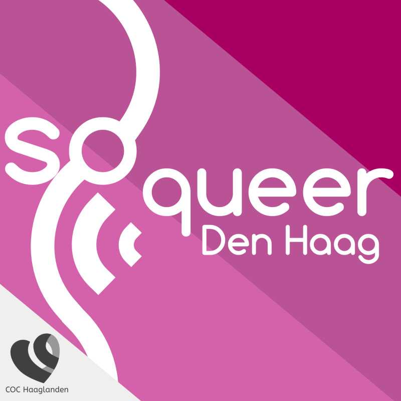 In witte letters staat 'So Queer Den Haag' tegen roze strepen. Die strepen nemen van rechtsboven naar linksonder af in sterkte, waarbij de donkerste kleur roze rechtsboven is.