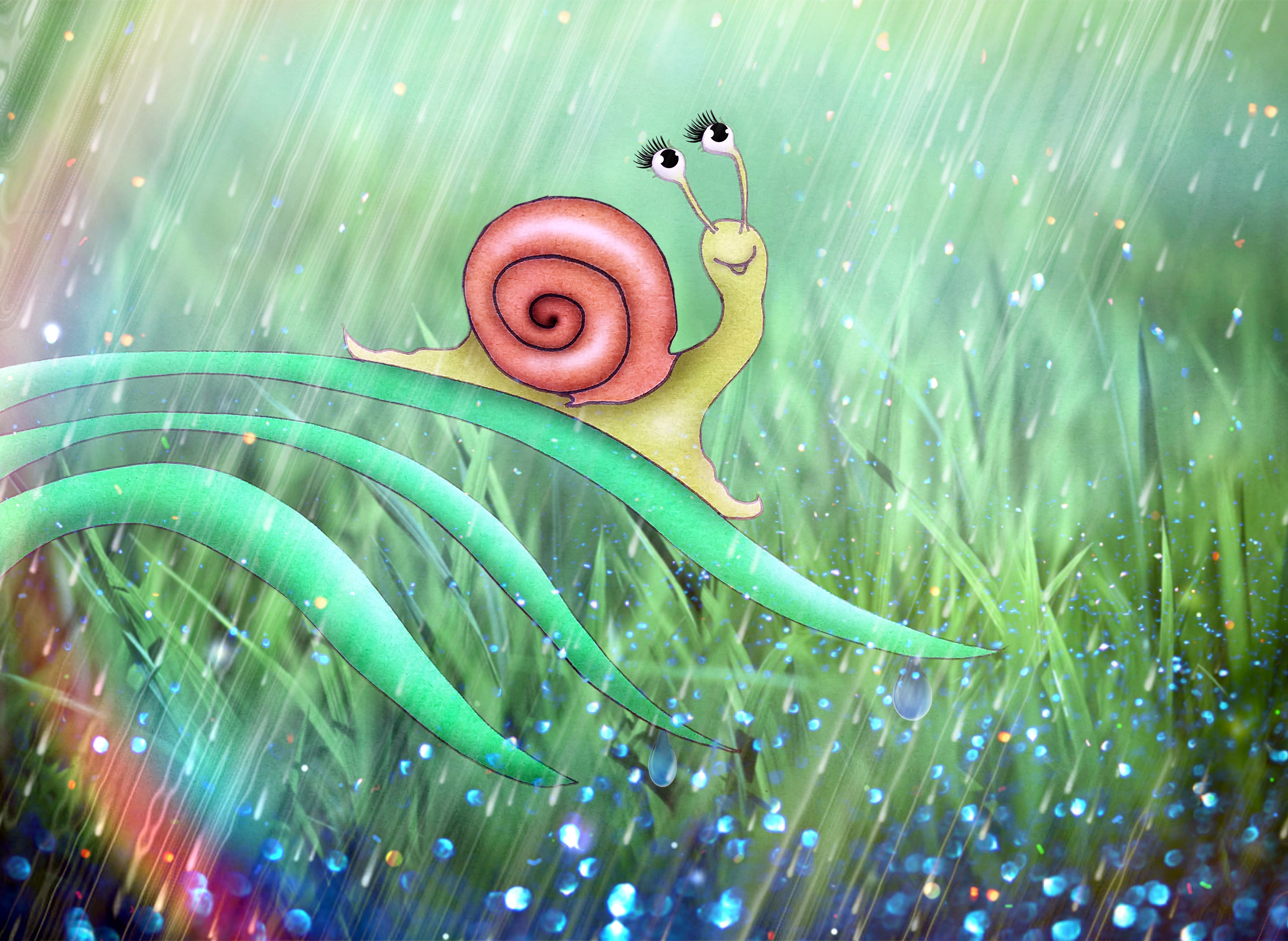 Kleurrijke illustratie met een slak op een blad. De slak heeft ogen op steeltjes. Die kijkt de kijker rechtstreeks aan en glimlacht breed. Op de achtergrond is er een grasveld in de regen.