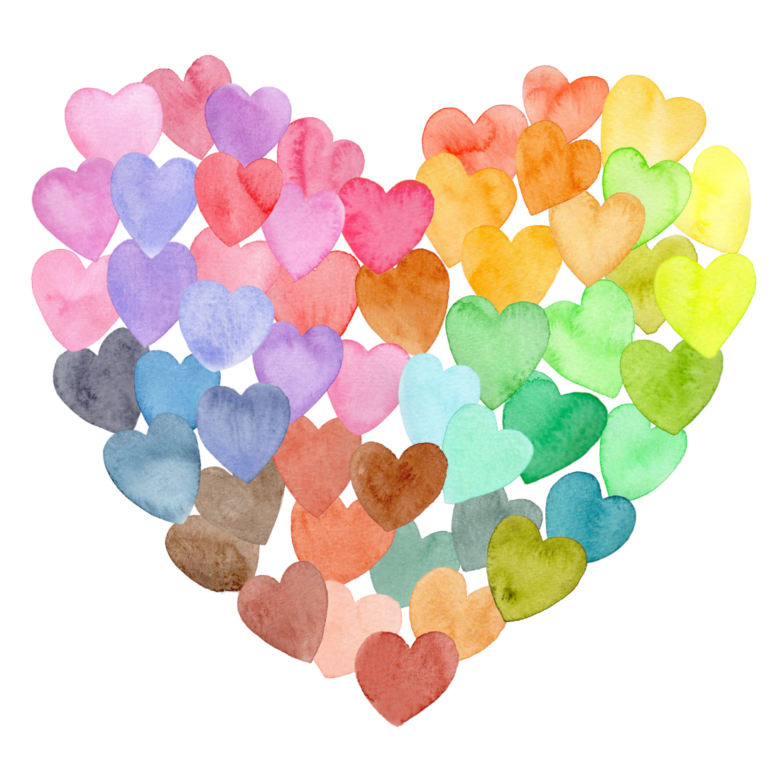 Illustratie van een hart tegen een doorzichtige, witte achtergrond. Het hart bestaat uit vele kleine harten in vele pastelkleuren.