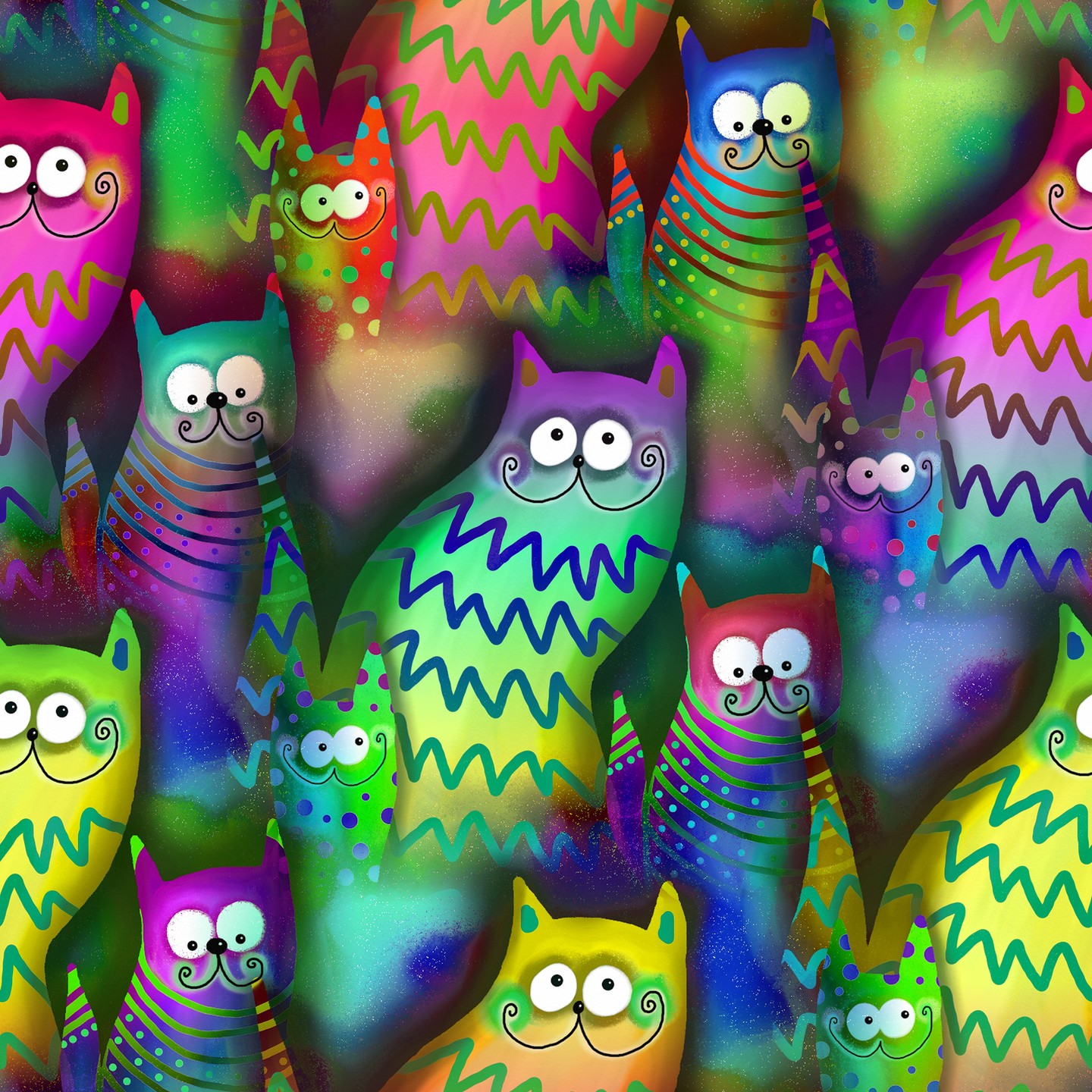 Illustratie met een groep katten. Ze hebben kleuren uit de regenboog en kijken met hun krullhaar vrolijk alle kanten op.