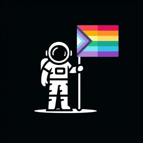 Digital flyer with cute moon person with rainbow flag against a black background.